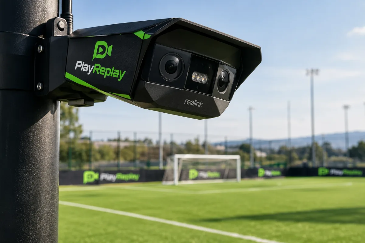 A PlayReplay camera mounted on a pole beside a football pitch
